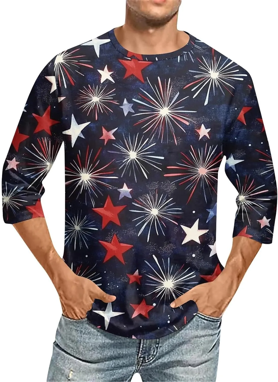 4th of July Shirts Funny Men's Casual Crewneck 3/4 Sleeve Shirts Cotton Hawaiian Summer Tops Basic Pullover Workout Tees