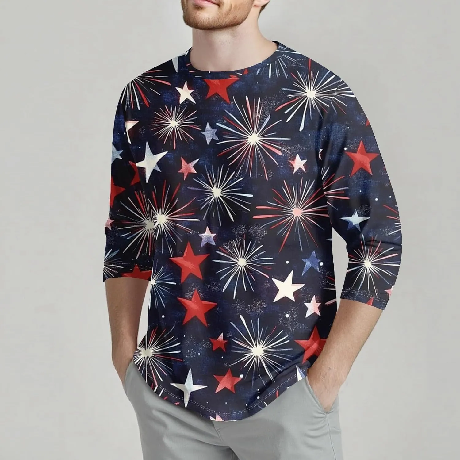 4th of July Shirts Funny Men's Casual Crewneck 3/4 Sleeve Shirts Cotton Hawaiian Summer Tops Basic Pullover Workout Tees