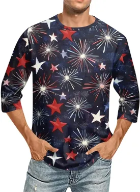 4th of July Shirts Funny Men's Casual Crewneck 3/4 Sleeve Shirts Cotton Hawaiian Summer Tops Basic Pullover Workout Tees
