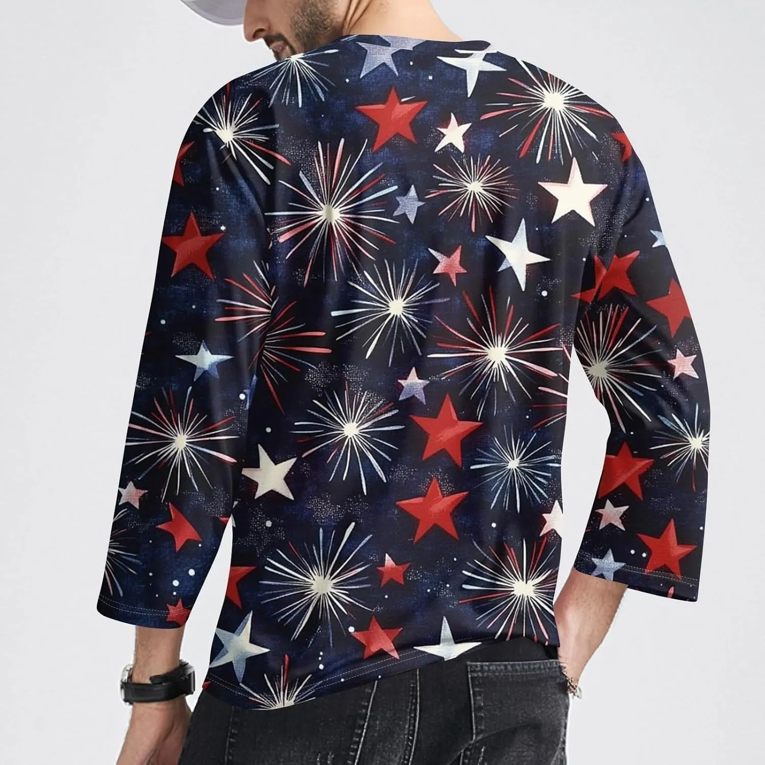 4th of July Shirts Funny Men's Casual Crewneck 3/4 Sleeve Shirts Cotton Hawaiian Summer Tops Basic Pullover Workout Tees