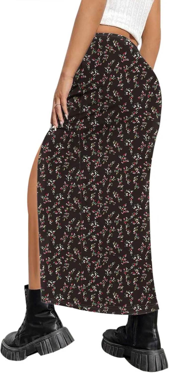 AIMCOO Womens Leopard Print Midi Skirt with Slit Stretchy Ruched Long Skirts Summer Casual Elastic High Waist Floral Skirts
