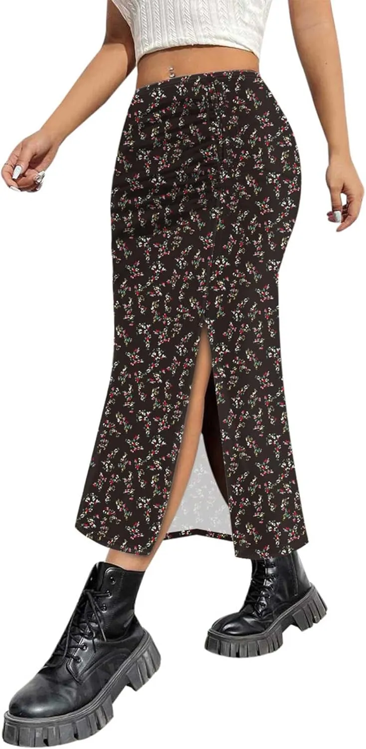 AIMCOO Womens Leopard Print Midi Skirt with Slit Stretchy Ruched Long Skirts Summer Casual Elastic High Waist Floral Skirts