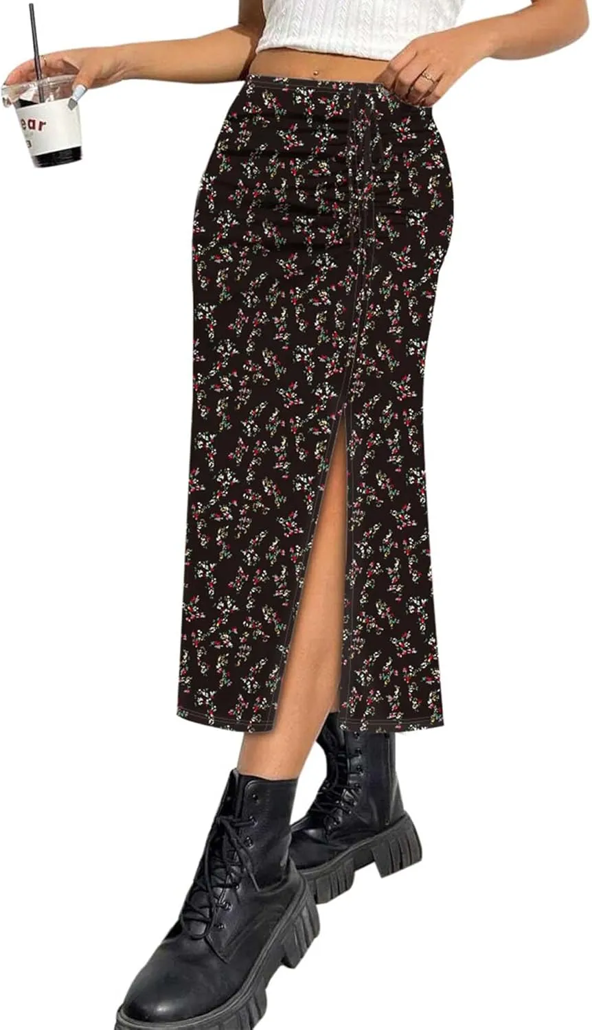 AIMCOO Womens Leopard Print Midi Skirt with Slit Stretchy Ruched Long Skirts Summer Casual Elastic High Waist Floral Skirts