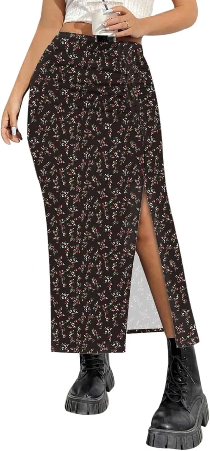 AIMCOO Womens Leopard Print Midi Skirt with Slit Stretchy Ruched Long Skirts Summer Casual Elastic High Waist Floral Skirts