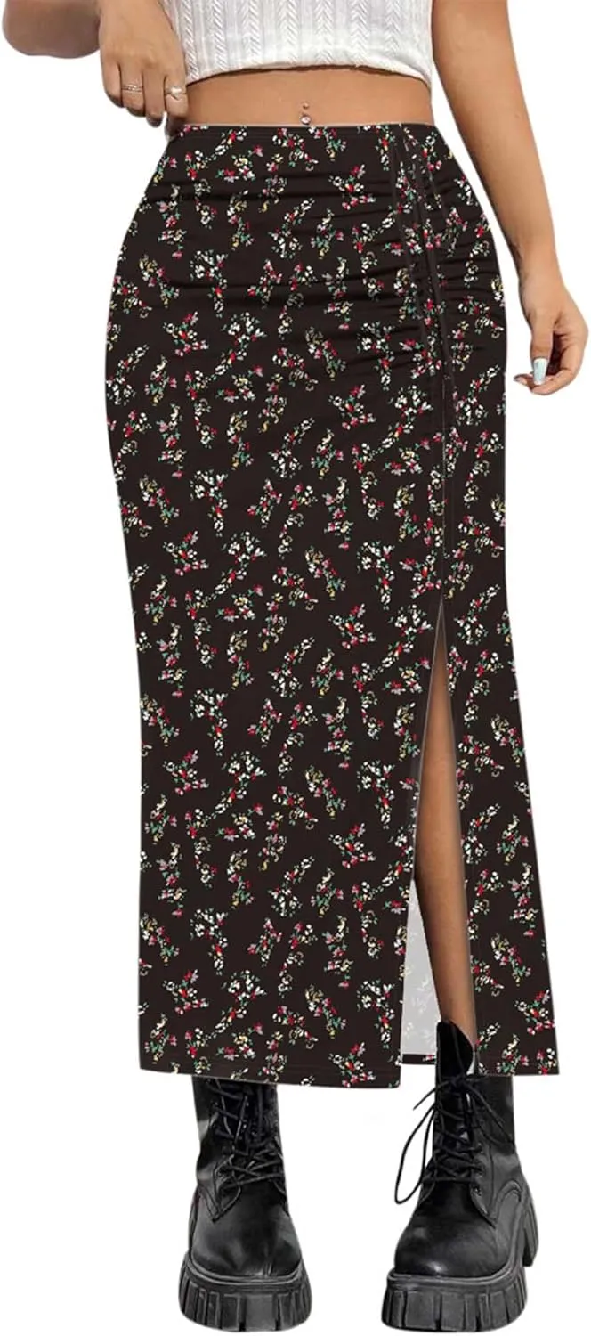 AIMCOO Womens Leopard Print Midi Skirt with Slit Stretchy Ruched Long Skirts Summer Casual Elastic High Waist Floral Skirts