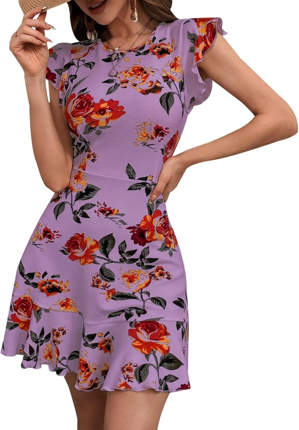AIMCOO Women's Summer Flutter Sleeves Mini Dress Crewneck Ruffle Hem Casual Short Dresses Elegant Boho Floral A-Line Dress