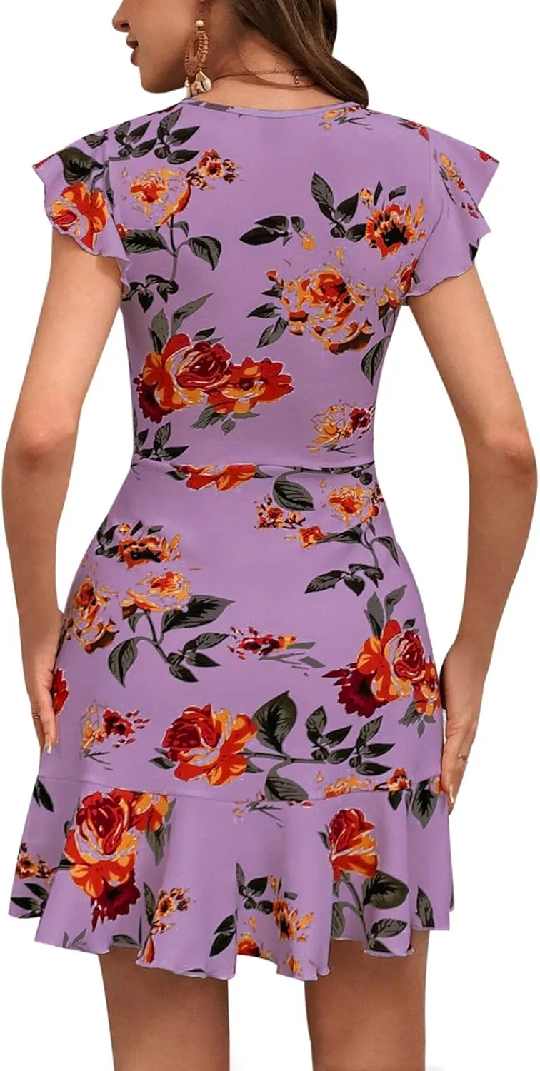 AIMCOO Women's Summer Flutter Sleeves Mini Dress Crewneck Ruffle Hem Casual Short Dresses Elegant Boho Floral A-Line Dress