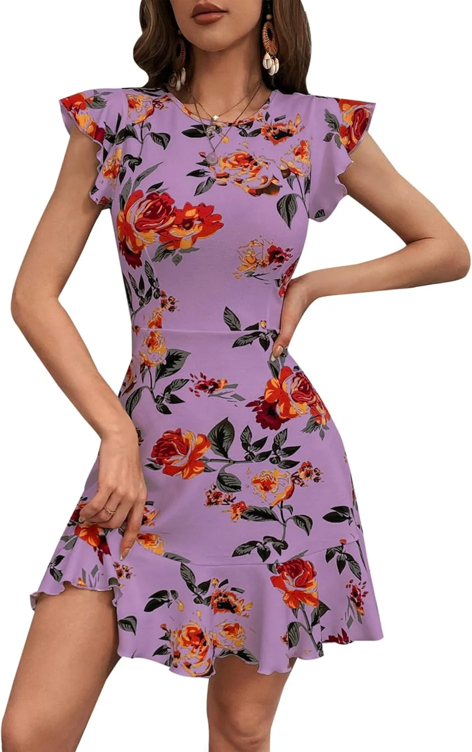 AIMCOO Women's Summer Flutter Sleeves Mini Dress Crewneck Ruffle Hem Casual Short Dresses Elegant Boho Floral A-Line Dress