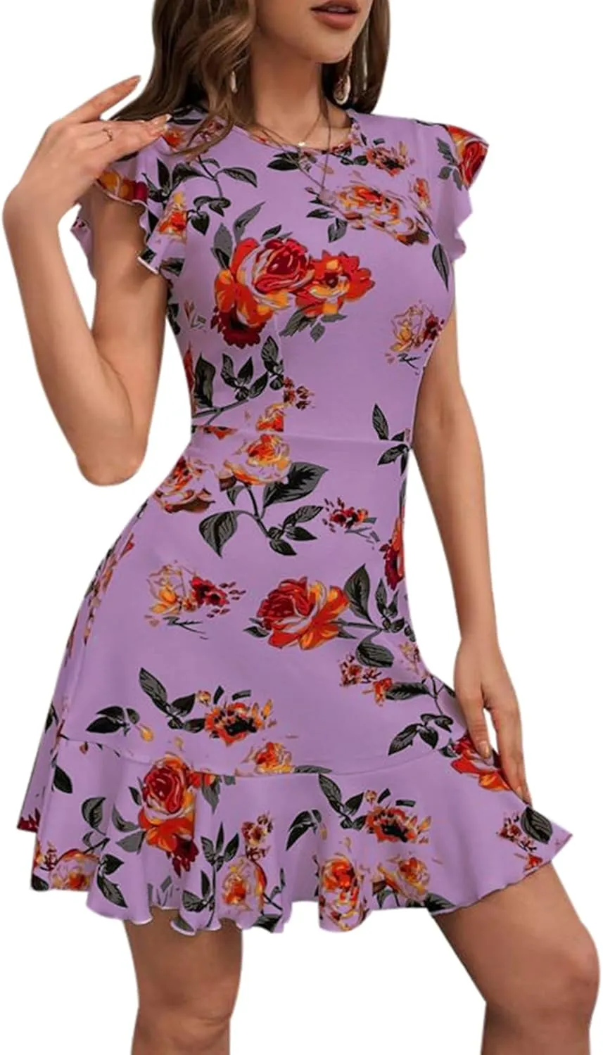 AIMCOO Women's Summer Flutter Sleeves Mini Dress Crewneck Ruffle Hem Casual Short Dresses Elegant Boho Floral A-Line Dress