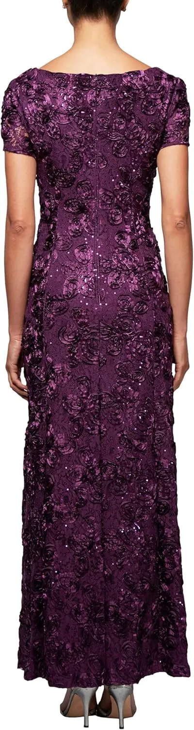 Alex Evenings Women's Long Rosette Mother of The Bride Dress with Short Sleeves, Wedding Guest (Petite and Regular Sizes)