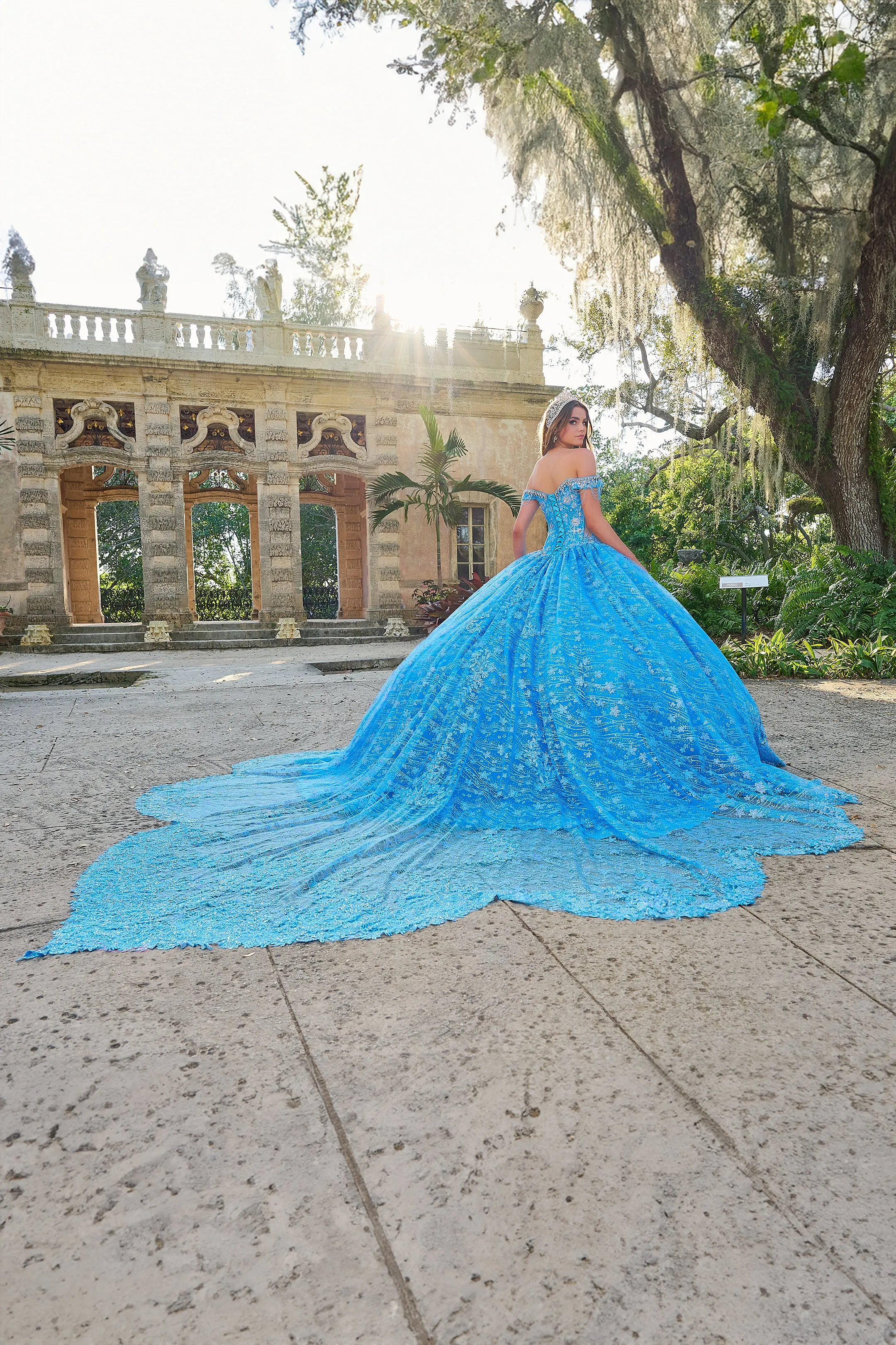 Amarra 54220 Quinceanera Ball Gown Formal Dress Sheer Crystal Lace Train Fringe off the shoulder