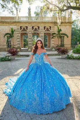 Amarra 54220 Quinceanera Ball Gown Formal Dress Sheer Crystal Lace Train Fringe off the shoulder