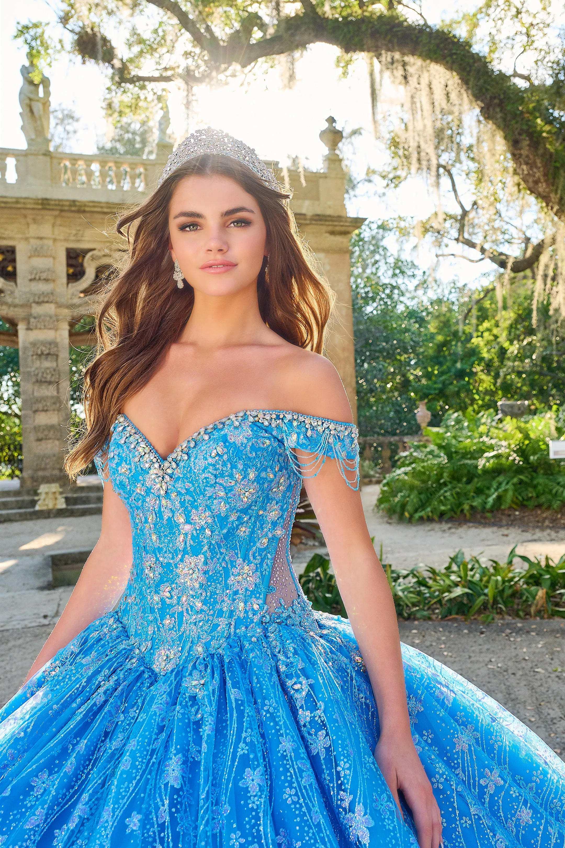 Amarra 54220 Quinceanera Ball Gown Formal Dress Sheer Crystal Lace Train Fringe off the shoulder