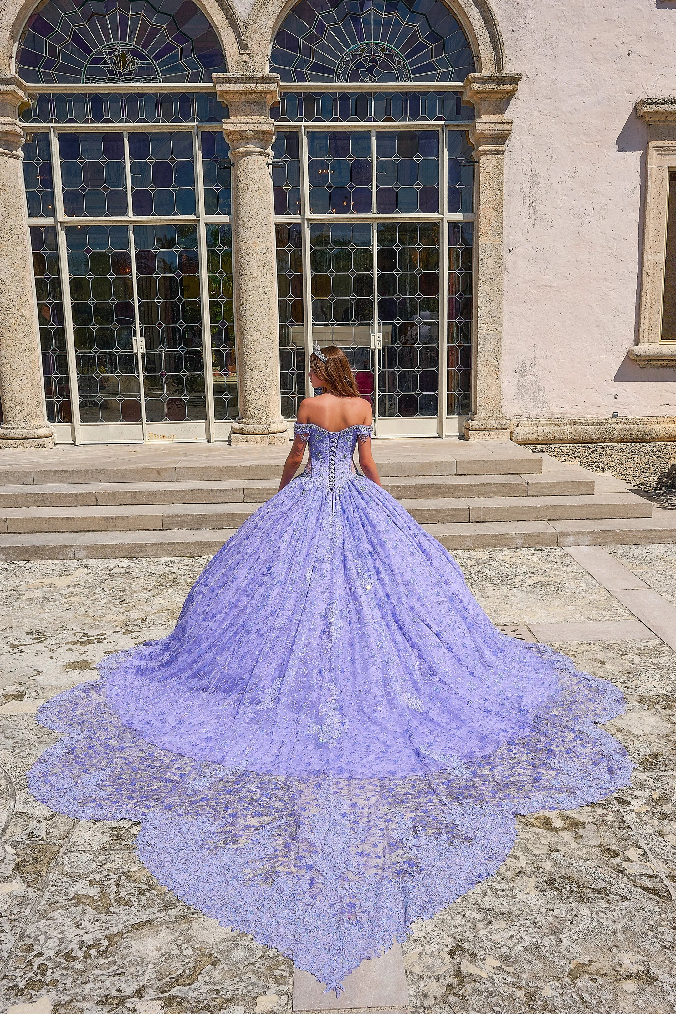 Amarra 54220 Quinceanera Size 8 Lilac Ball Gown Formal Dress Sheer Crystal Lace Train Fringe off the shoulder