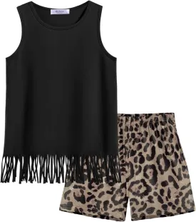 Arshiner Girls Summer Outfits Sleeveless Fringe Tank Top and Elastic Waist Pocketed Shorts Set Girl Clothes 6-14 Years
