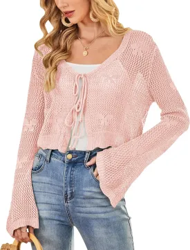 Balimtoy Women Tie Front Hollow Out Knit Crop Top Bell Sleeve V Neck Knotted Crochet Cardigan Boho Cute Bolero Shrug