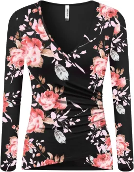 Beauhuty Women's Deep V Neck Slim Fitted Long Sleeve T-Shirt Front Wrap Ruched Tee Tops