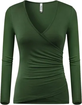 Beauhuty Women's Deep V Neck Slim Fitted Long Sleeve T-Shirt Front Wrap Ruched Tee Tops