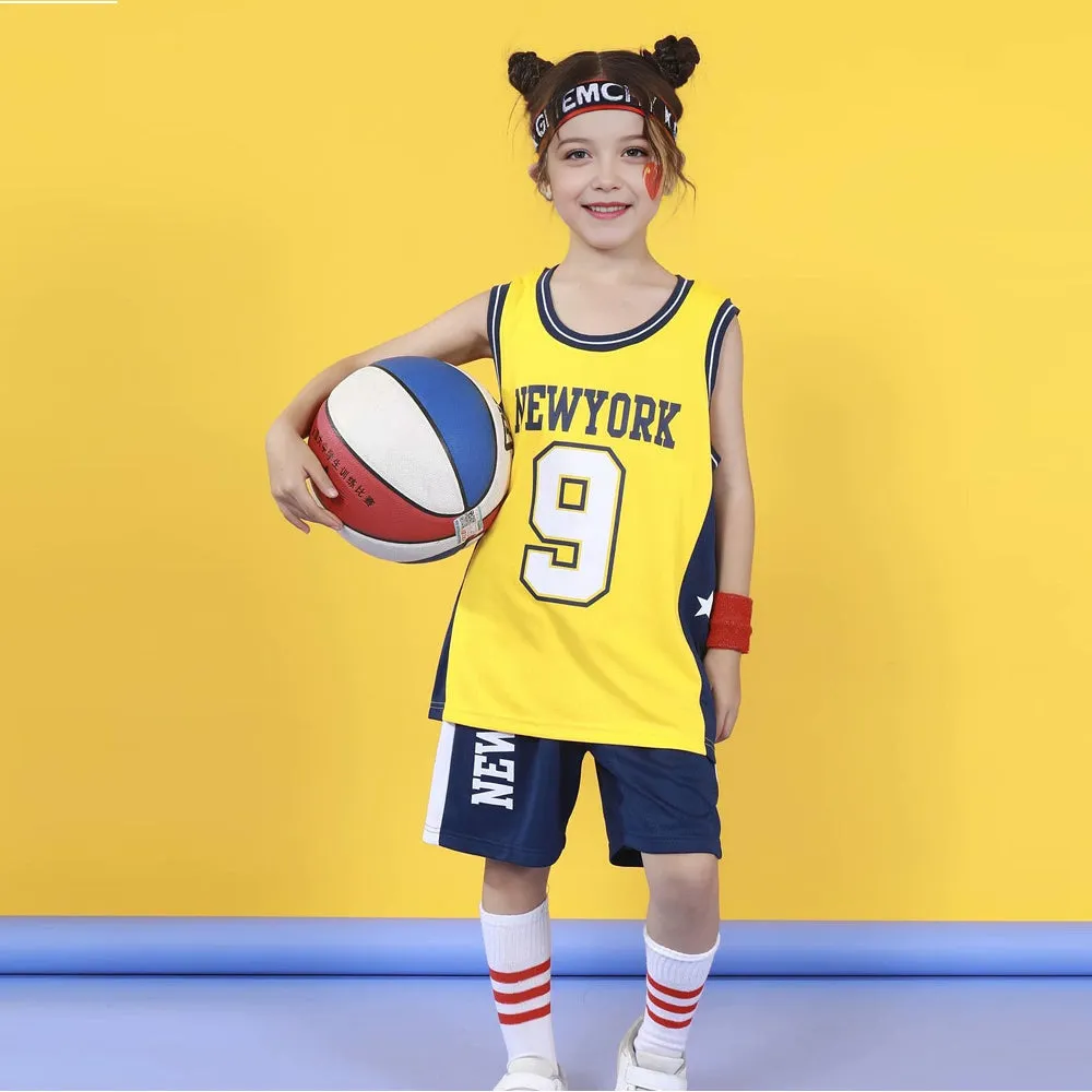 Boys Girls New York Basketball Jersey Kids Yellow Basketball Shirt and Shorts Kits
