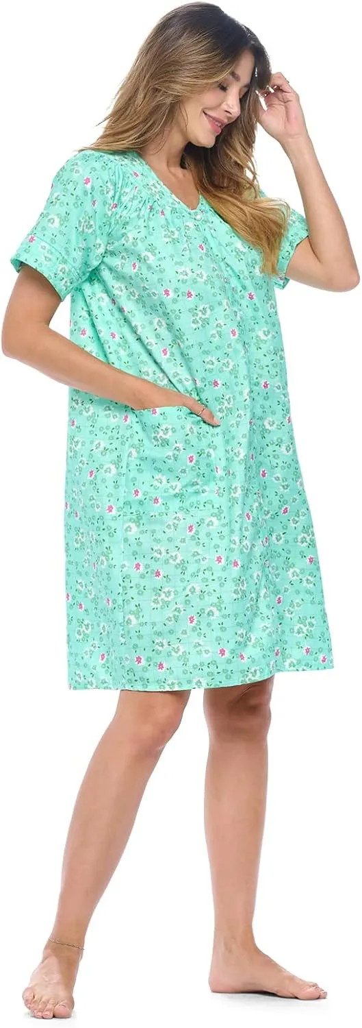 Casual Nights Women's Snap - Front House Dress Short Sleeve Woven Housecoat Duster Lounger Robe with Pockets