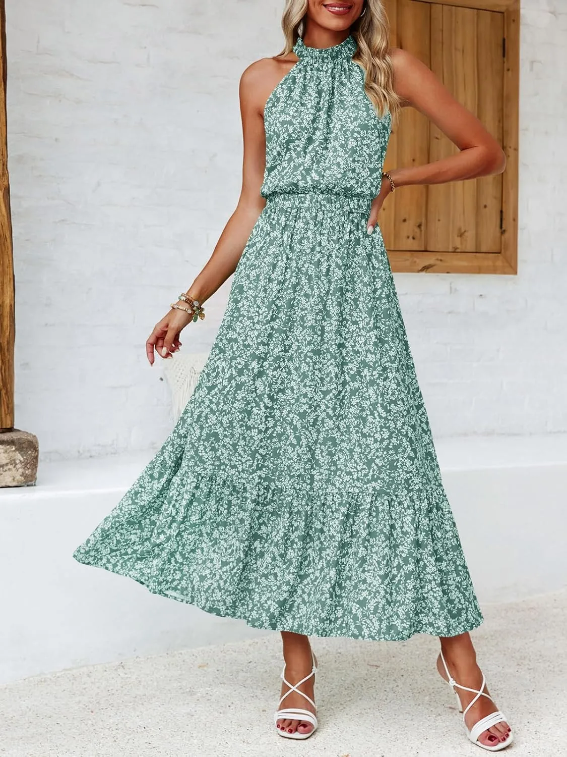 Chang Yun Maxi Summer Dresses for Women Halter Sleeveless Floral Boho Sun Vacation Outfits Long Wedding Guest Dress