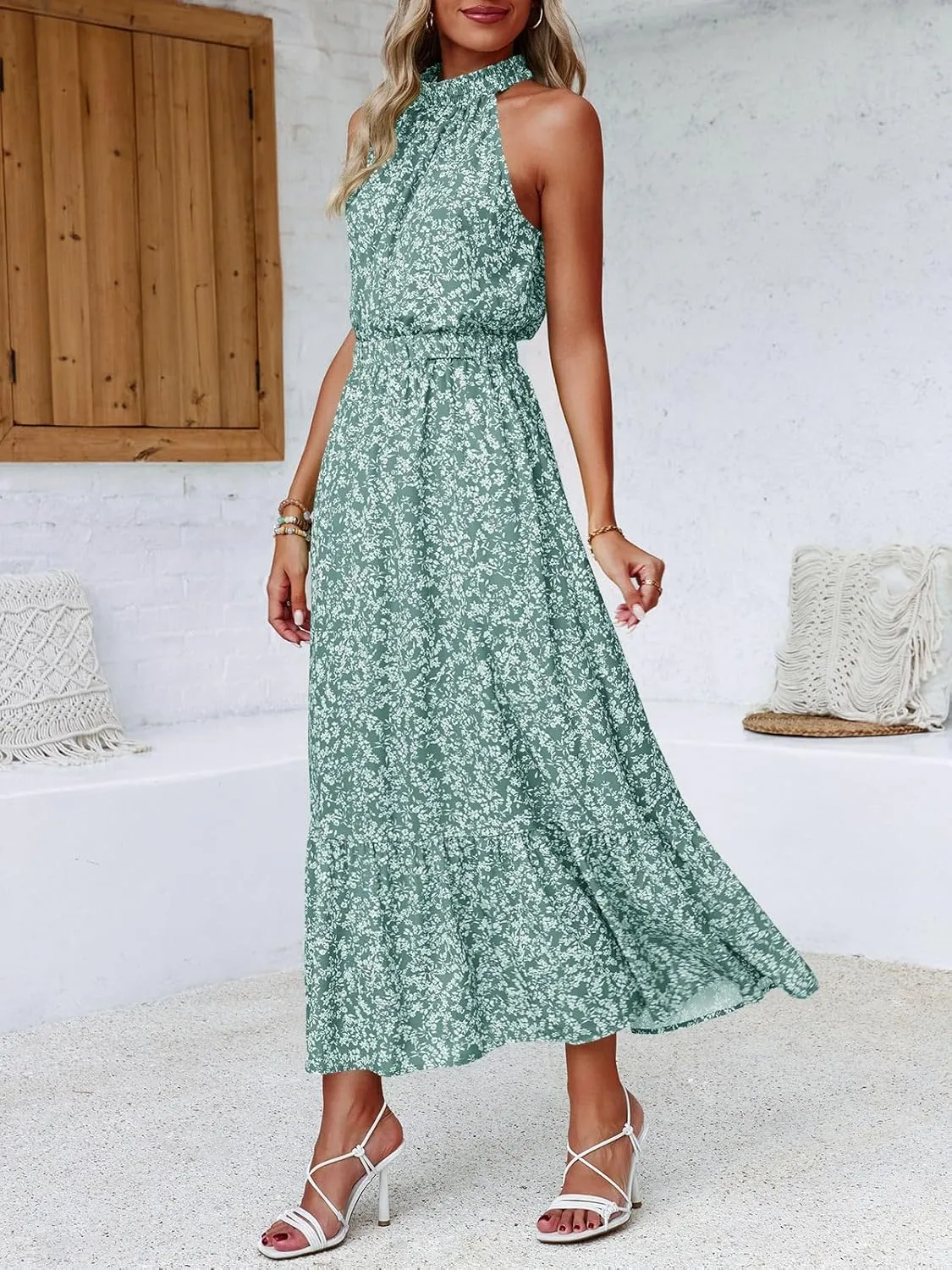 Chang Yun Maxi Summer Dresses for Women Halter Sleeveless Floral Boho Sun Vacation Outfits Long Wedding Guest Dress
