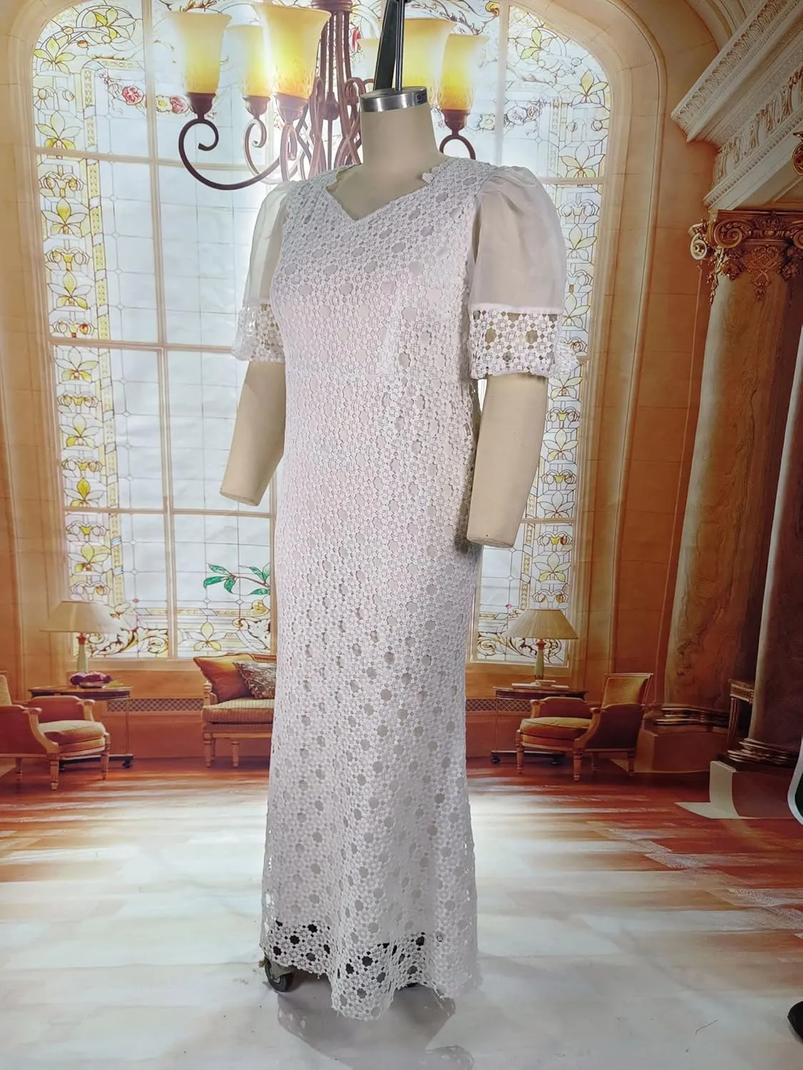 Cololura Elegant Plus Size Lantern Sleeve Hollow Bodycon Formal Gown Maxi Dress