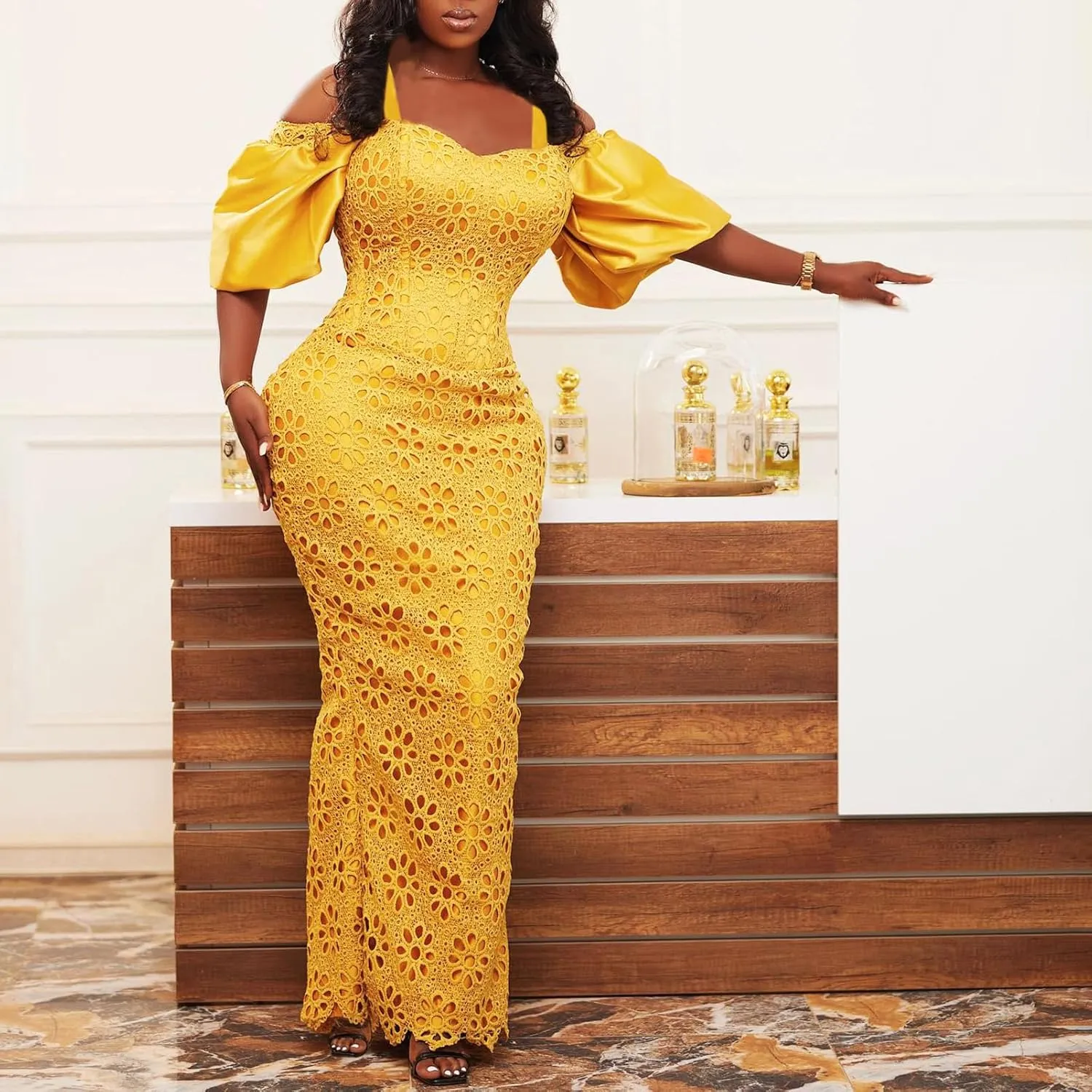 Cololura Elegant Plus Size Lantern Sleeve Hollow Bodycon Formal Gown Maxi Dress