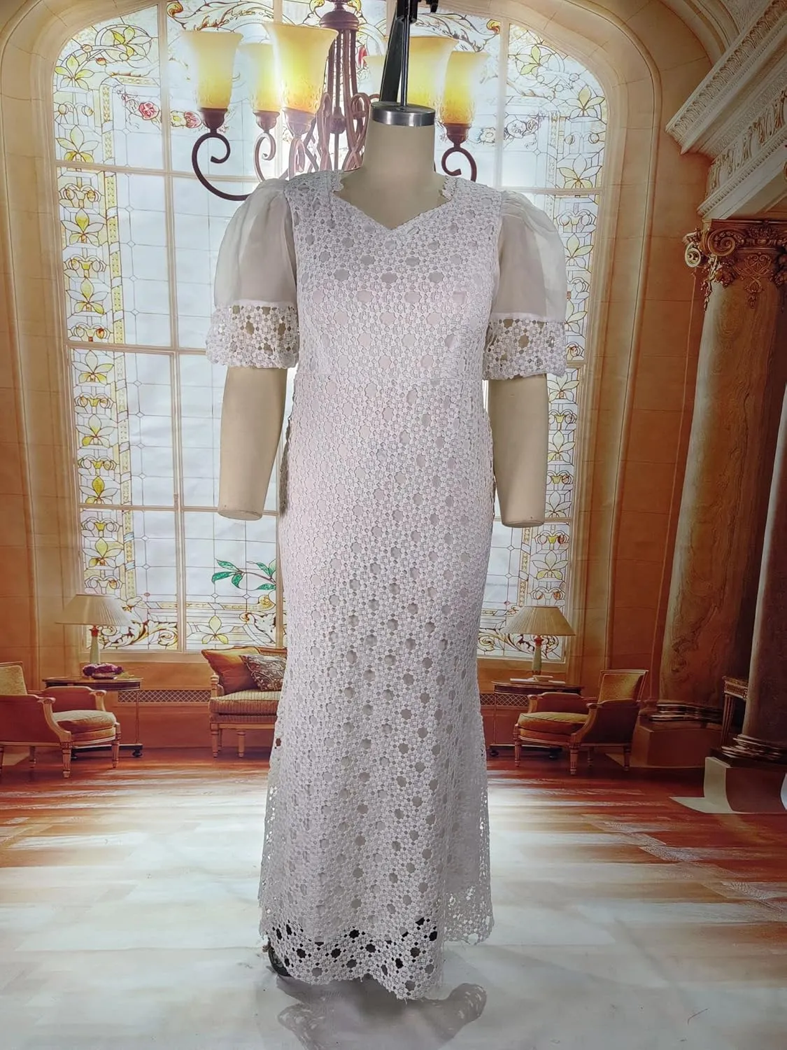 Cololura Elegant Plus Size Lantern Sleeve Hollow Bodycon Formal Gown Maxi Dress