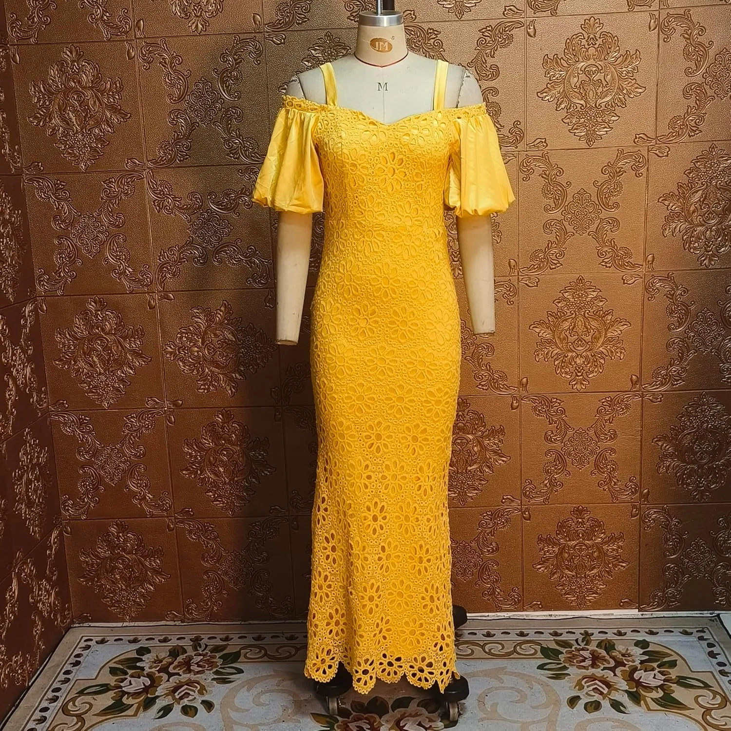 Cololura Elegant Plus Size Lantern Sleeve Hollow Bodycon Formal Gown Maxi Dress
