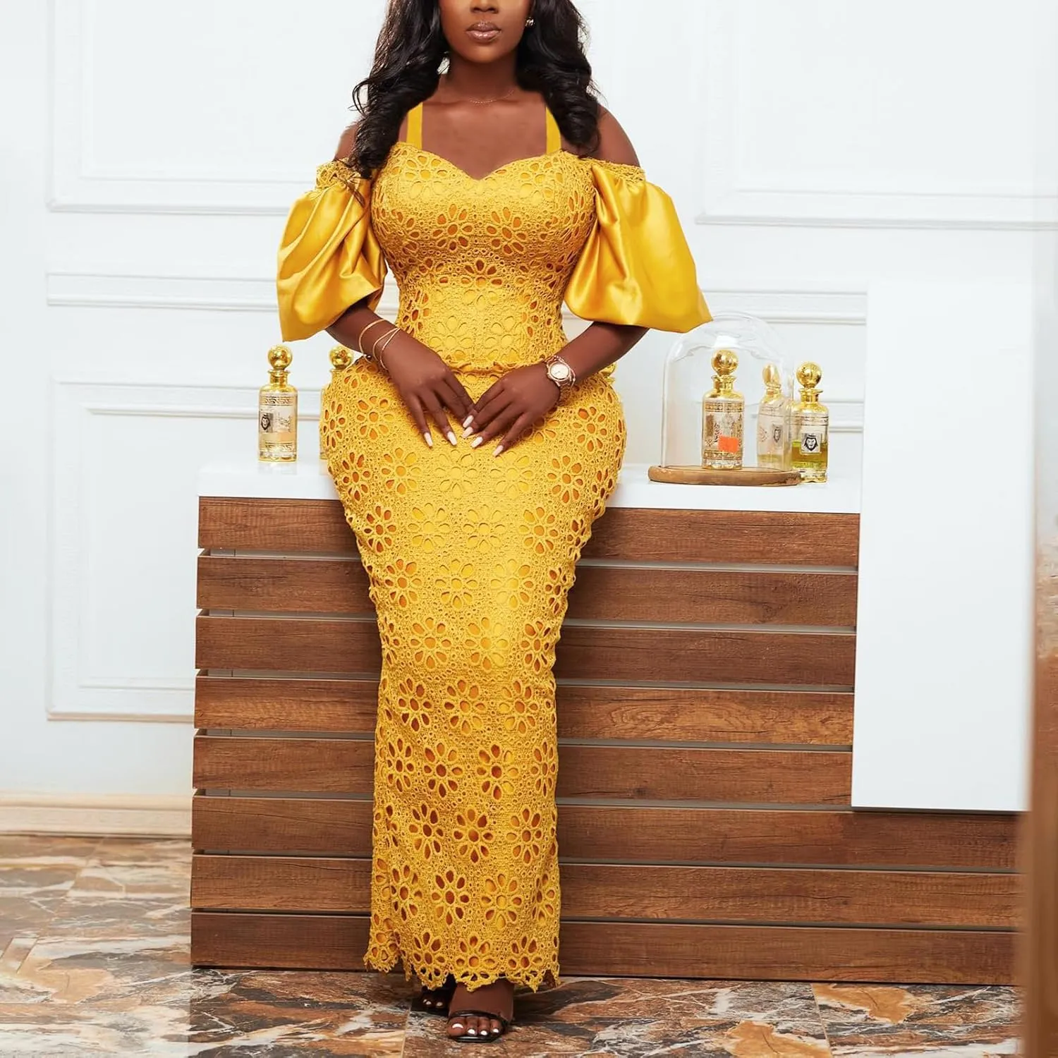Cololura Elegant Plus Size Lantern Sleeve Hollow Bodycon Formal Gown Maxi Dress