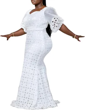 Cololura Elegant Plus Size Lantern Sleeve Hollow Bodycon Formal Gown Maxi Dress