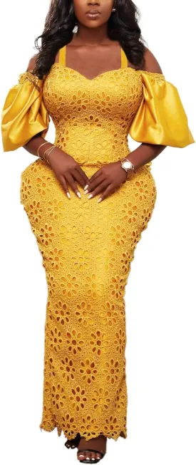Cololura Elegant Plus Size Lantern Sleeve Hollow Bodycon Formal Gown Maxi Dress