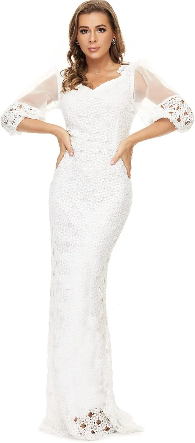 Cololura Elegant Plus Size Lantern Sleeve Hollow Bodycon Formal Gown Maxi Dress