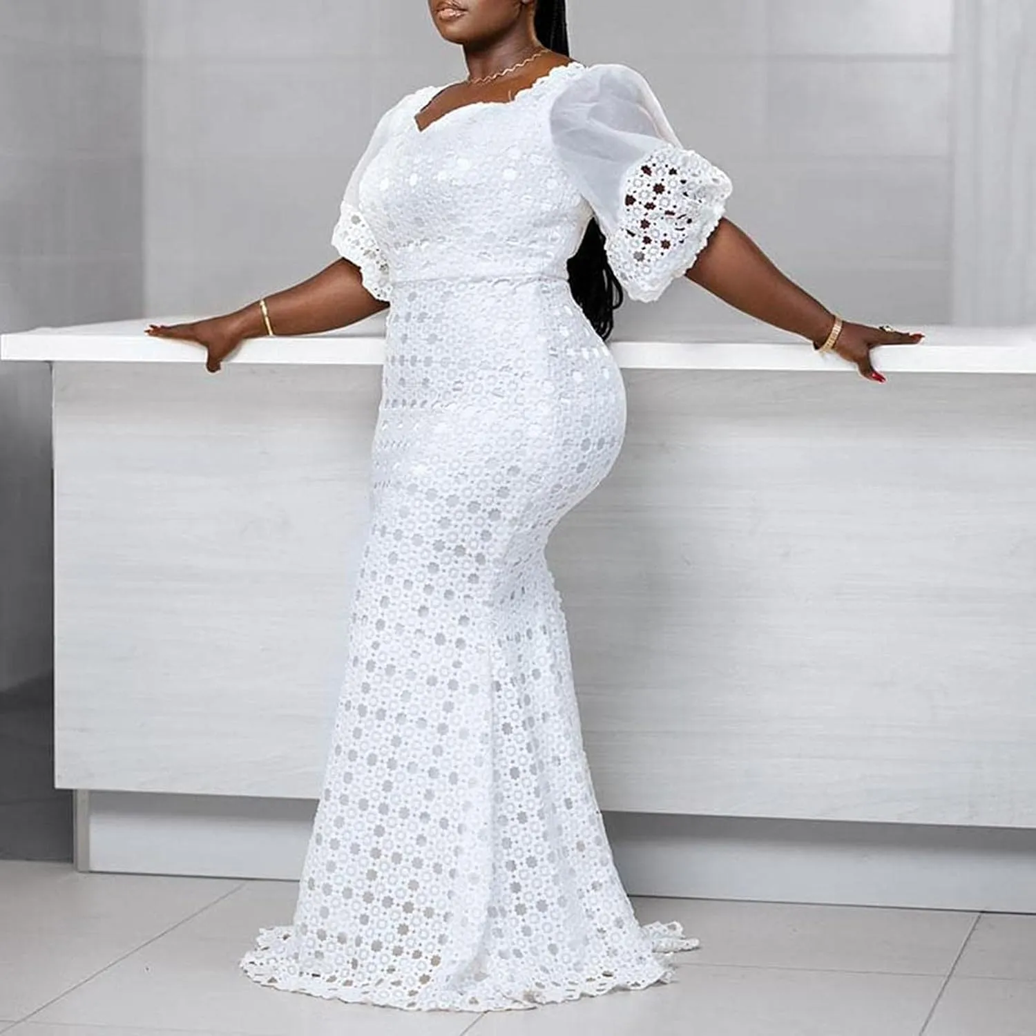 Cololura Elegant Plus Size Lantern Sleeve Hollow Bodycon Formal Gown Maxi Dress