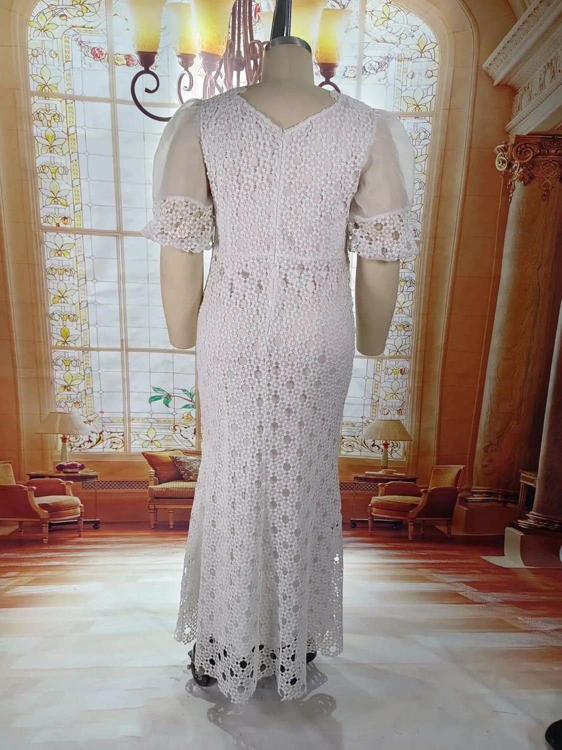 Cololura Elegant Plus Size Lantern Sleeve Hollow Bodycon Formal Gown Maxi Dress