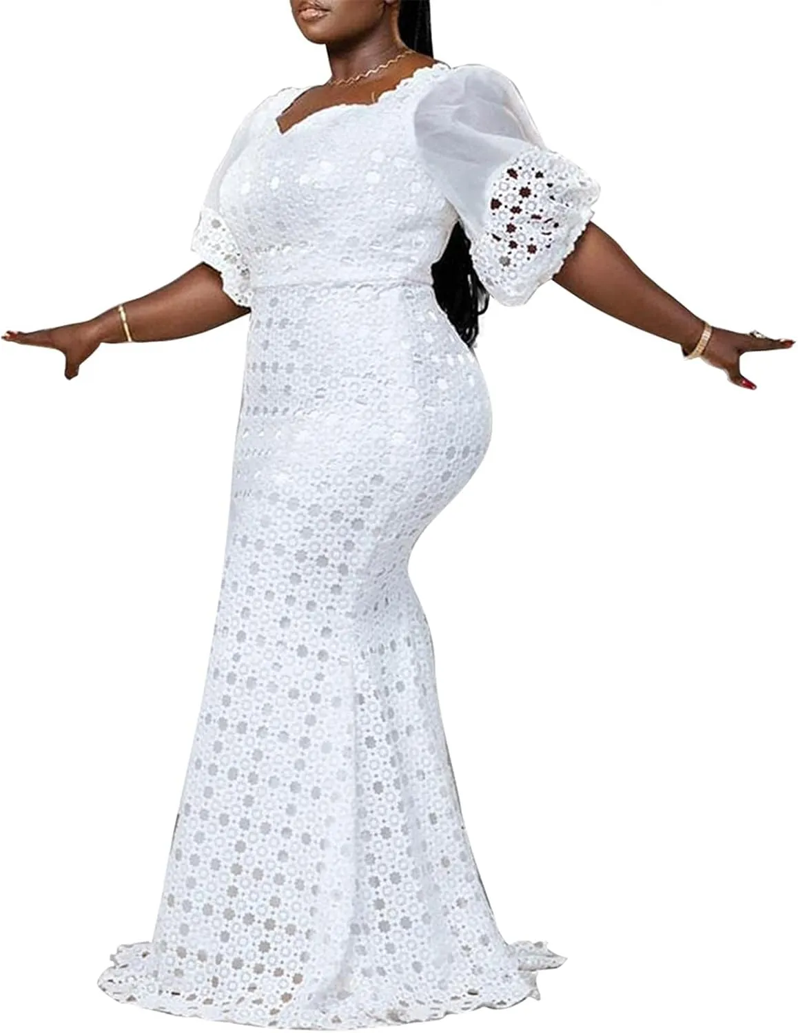 Cololura Elegant Plus Size Lantern Sleeve Hollow Bodycon Formal Gown Maxi Dress