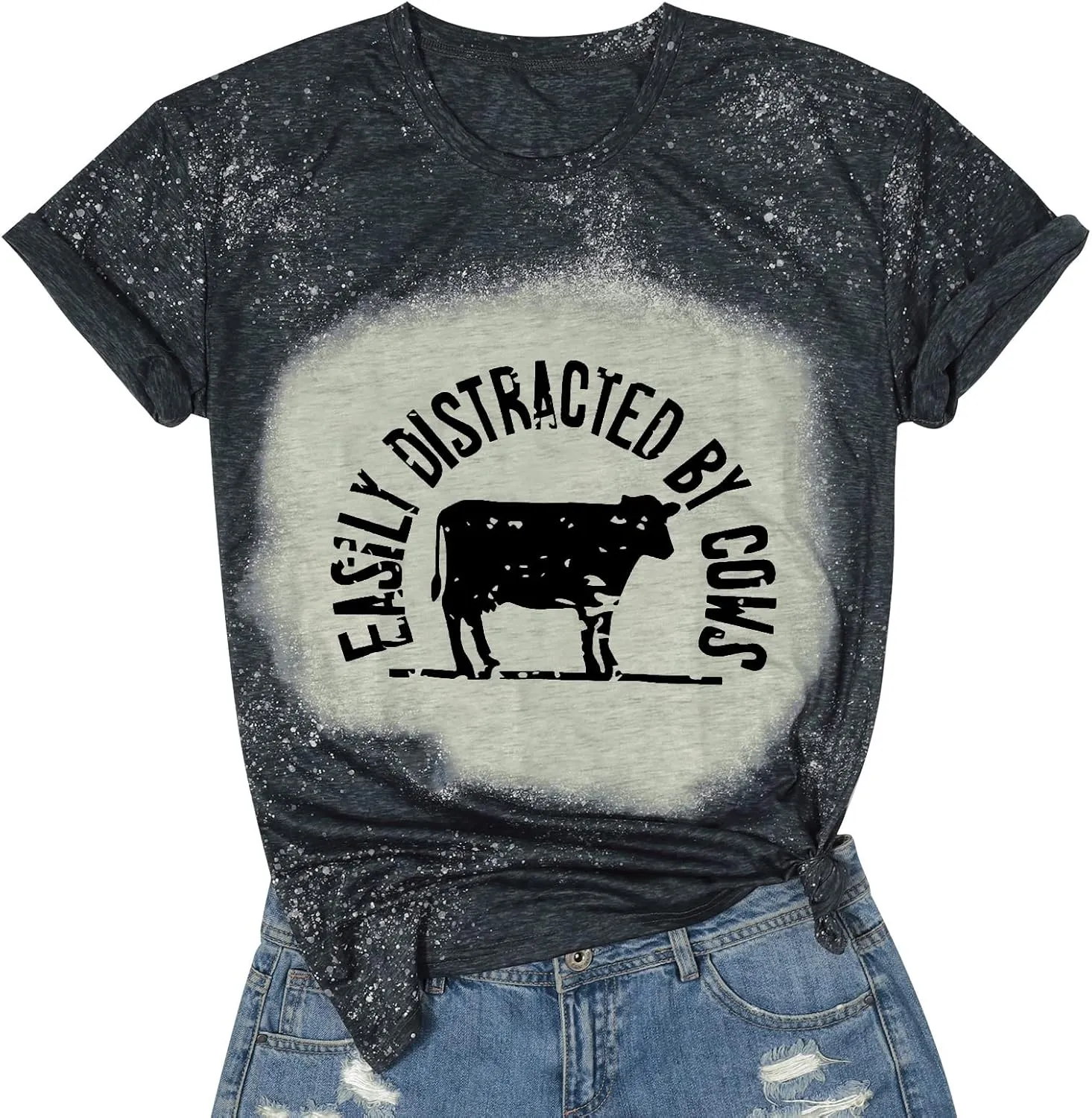 Cow Shirts for Women Easily Distracted by Cows Bleached Cowgirl T-Shirt Short Sleeve Vintage Western Tops