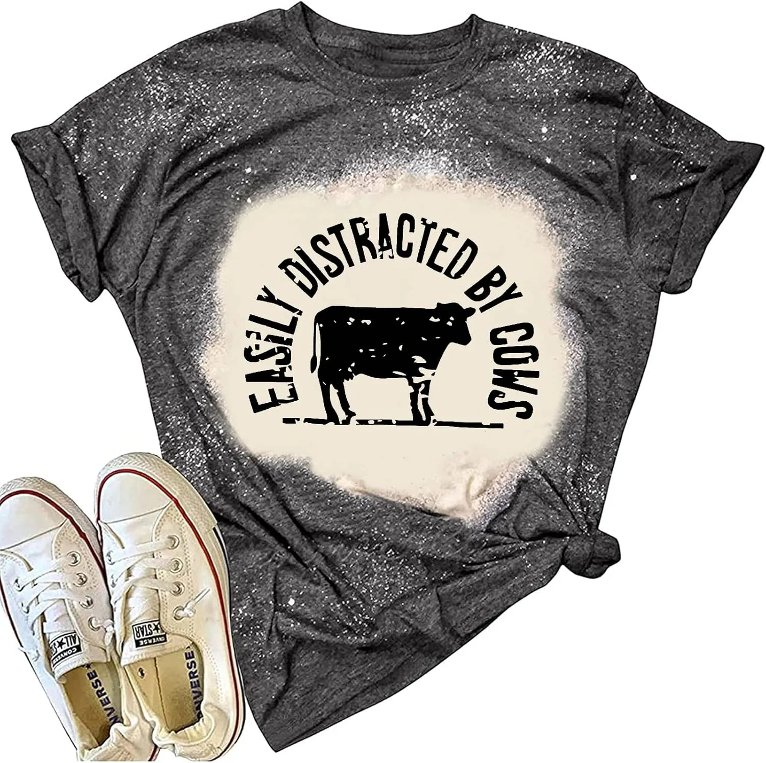 Cow Shirts for Women Easily Distracted by Cows Bleached Cowgirl T-Shirt Short Sleeve Vintage Western Tops