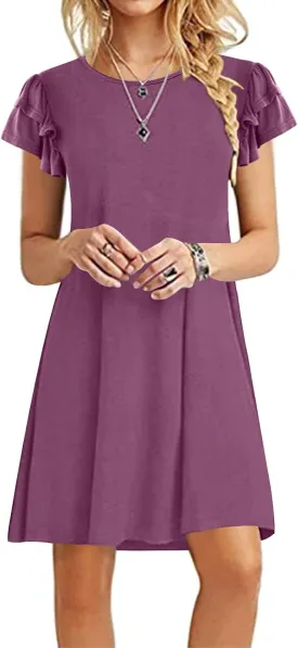 DB MOON Women 2025 Mini Dresses Summer Casual Ruffle Short Sleeve Cute Crew Neck Flowy Dress with Pockets