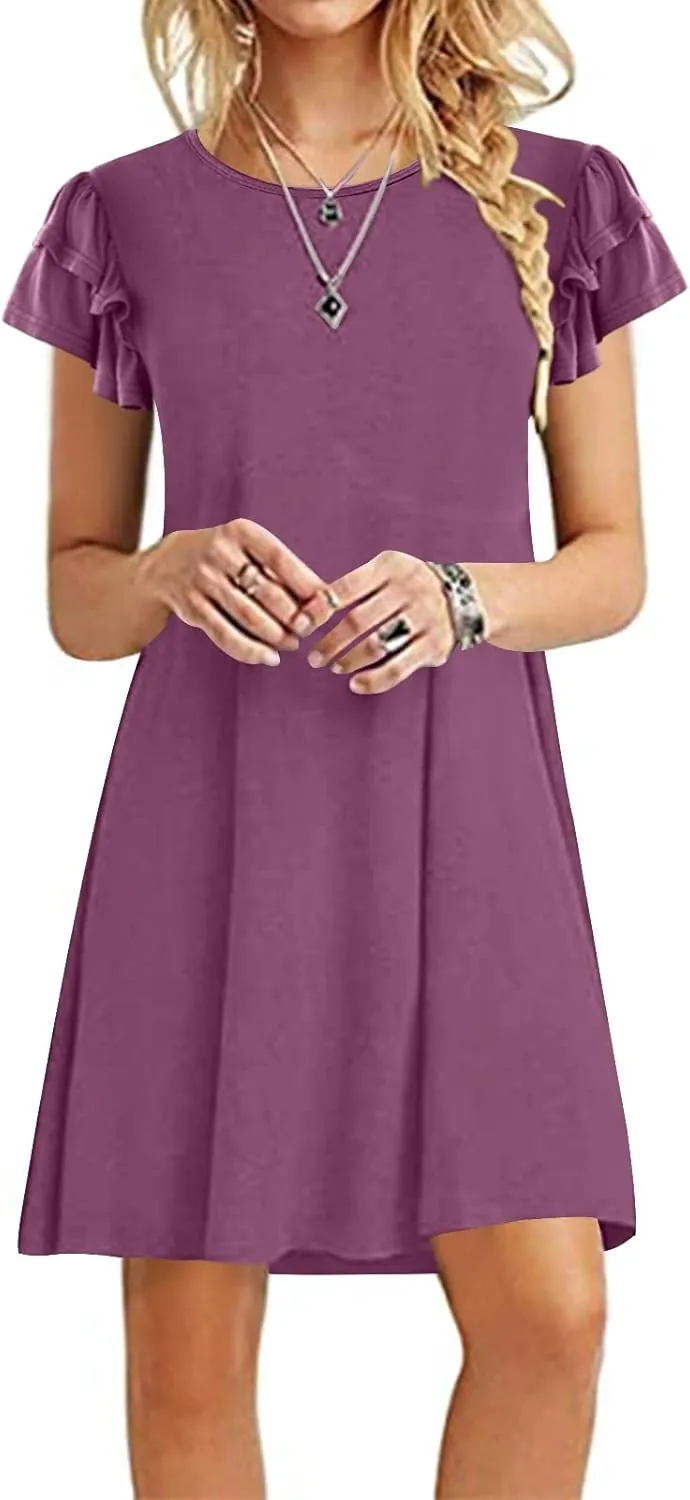 DB MOON Women 2025 Mini Dresses Summer Casual Ruffle Short Sleeve Cute Crew Neck Flowy Dress with Pockets