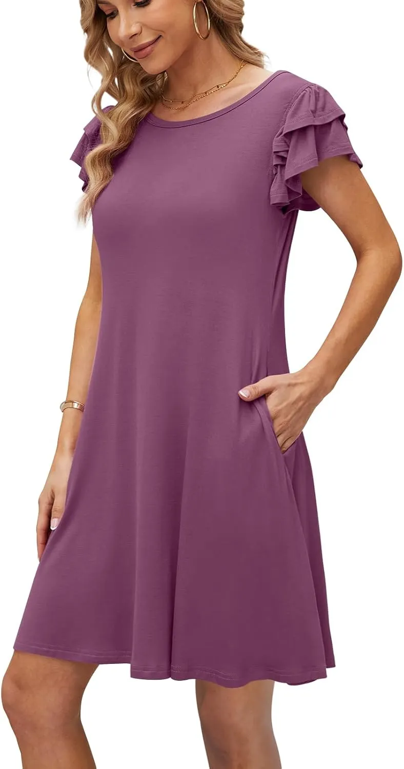 DB MOON Women 2025 Mini Dresses Summer Casual Ruffle Short Sleeve Cute Crew Neck Flowy Dress with Pockets