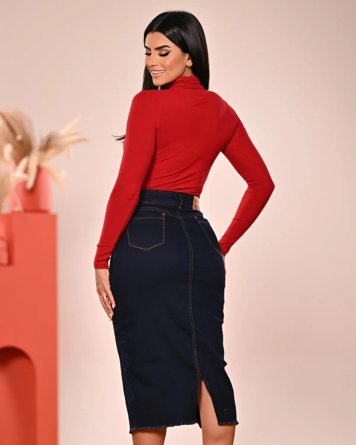 Denim Premium Stretch Skirt Midi High-Waist and Bellow The Knee with Front or Side Slit Regular and Plus Size