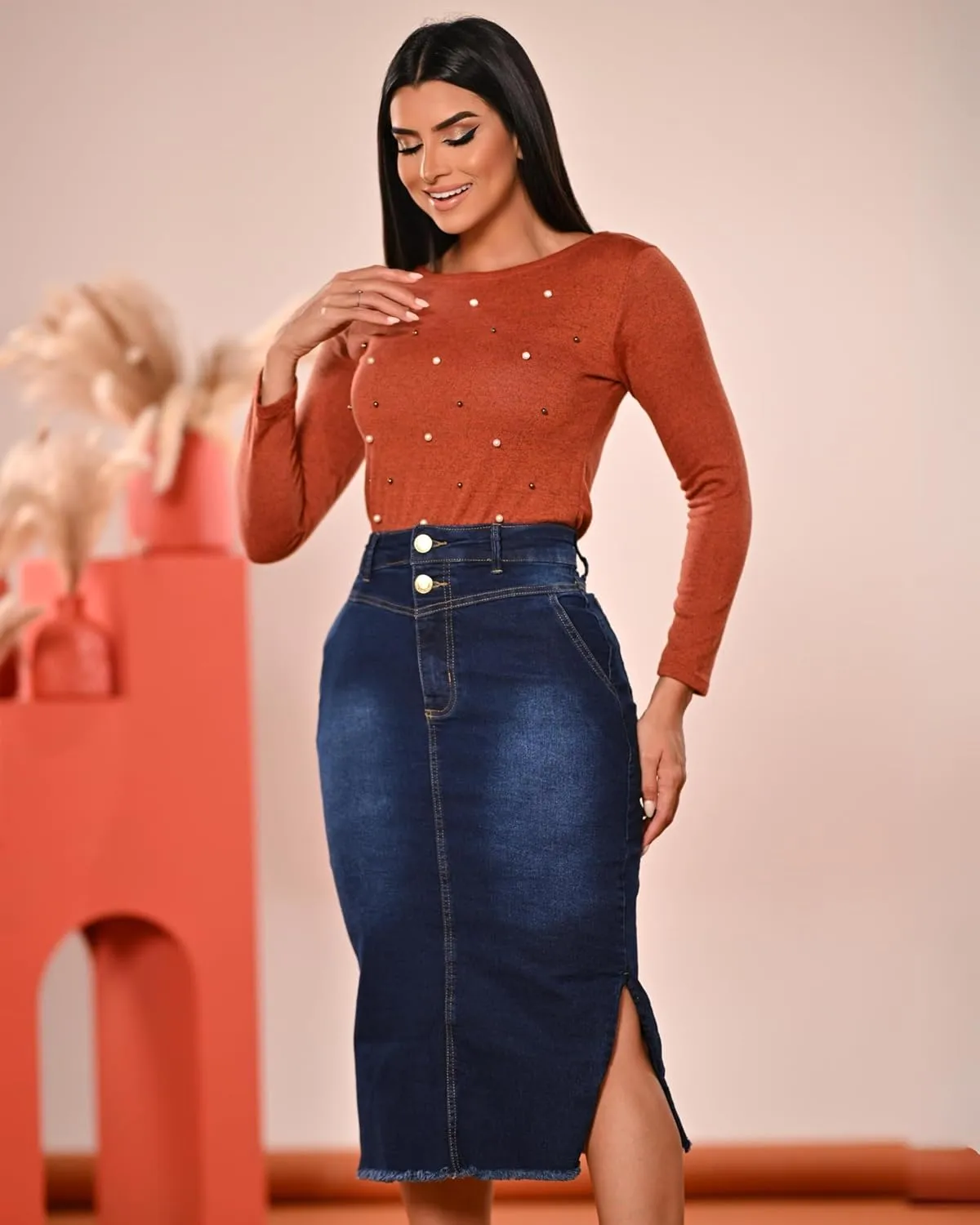 Denim Premium Stretch Skirt Midi High-Waist and Bellow The Knee with Front or Side Slit Regular and Plus Size