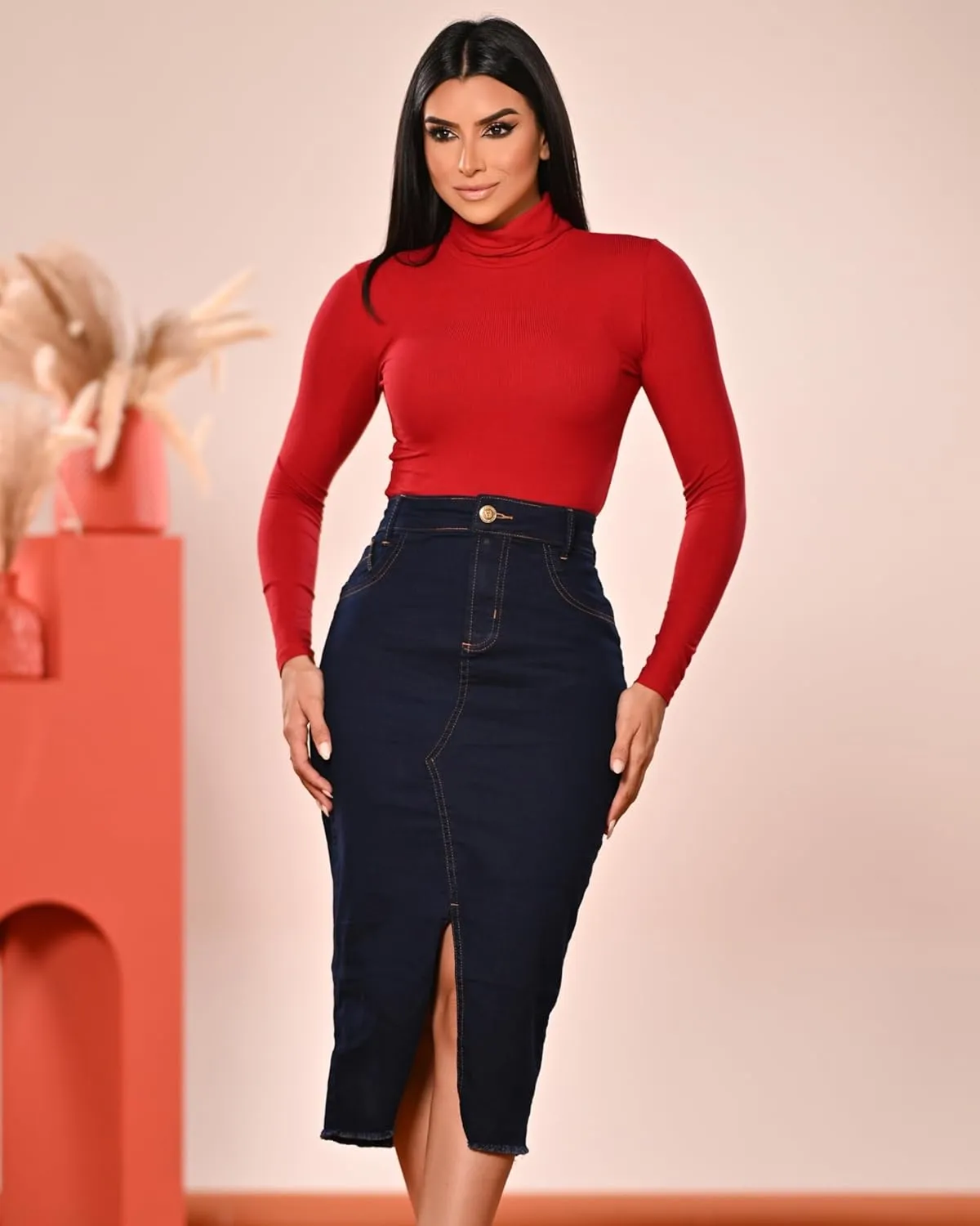 Denim Premium Stretch Skirt Midi High-Waist and Bellow The Knee with Front or Side Slit Regular and Plus Size