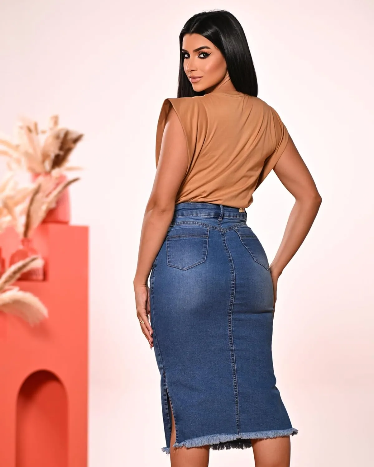 Denim Premium Stretch Skirt Midi High-Waist and Bellow The Knee with Front or Side Slit Regular and Plus Size