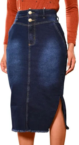 Denim Premium Stretch Skirt Midi High-Waist and Bellow The Knee with Front or Side Slit Regular and Plus Size