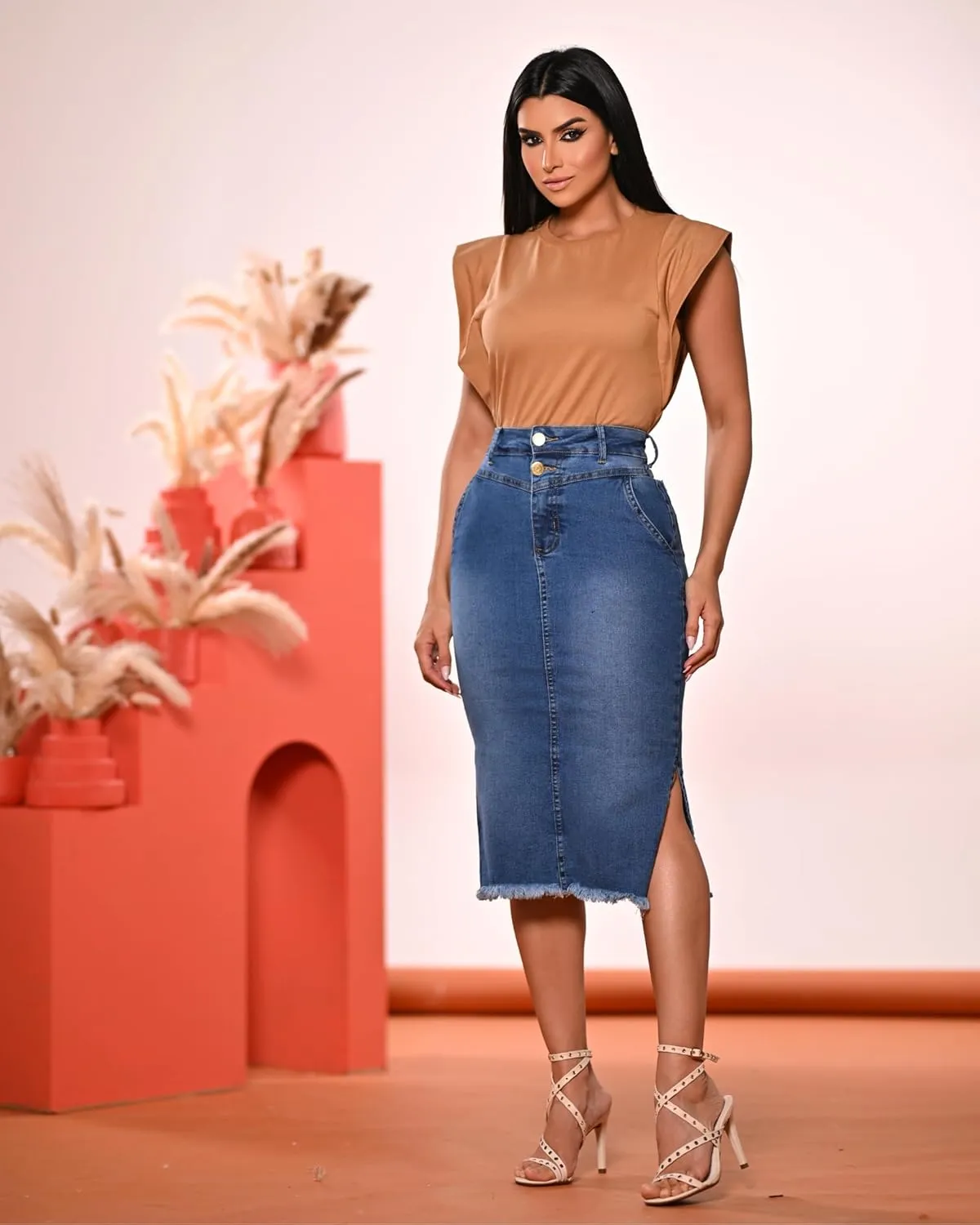 Denim Premium Stretch Skirt Midi High-Waist and Bellow The Knee with Front or Side Slit Regular and Plus Size