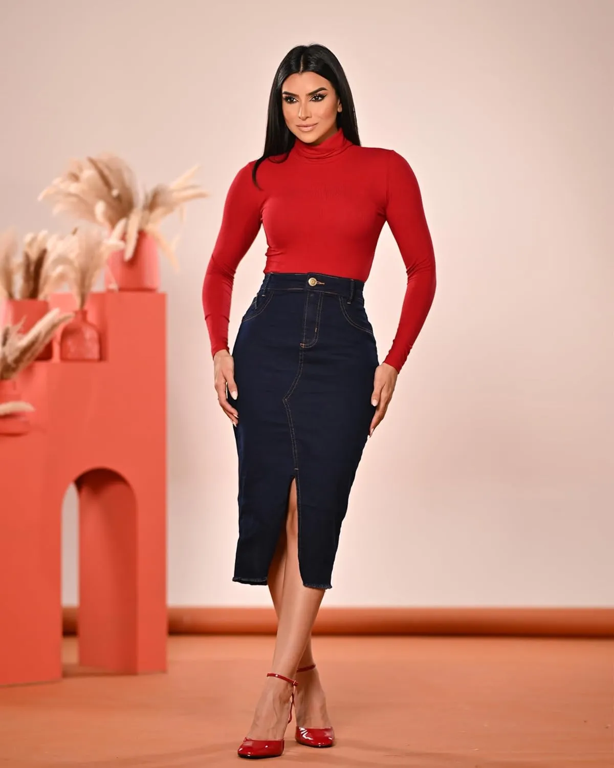 Denim Premium Stretch Skirt Midi High-Waist and Bellow The Knee with Front or Side Slit Regular and Plus Size