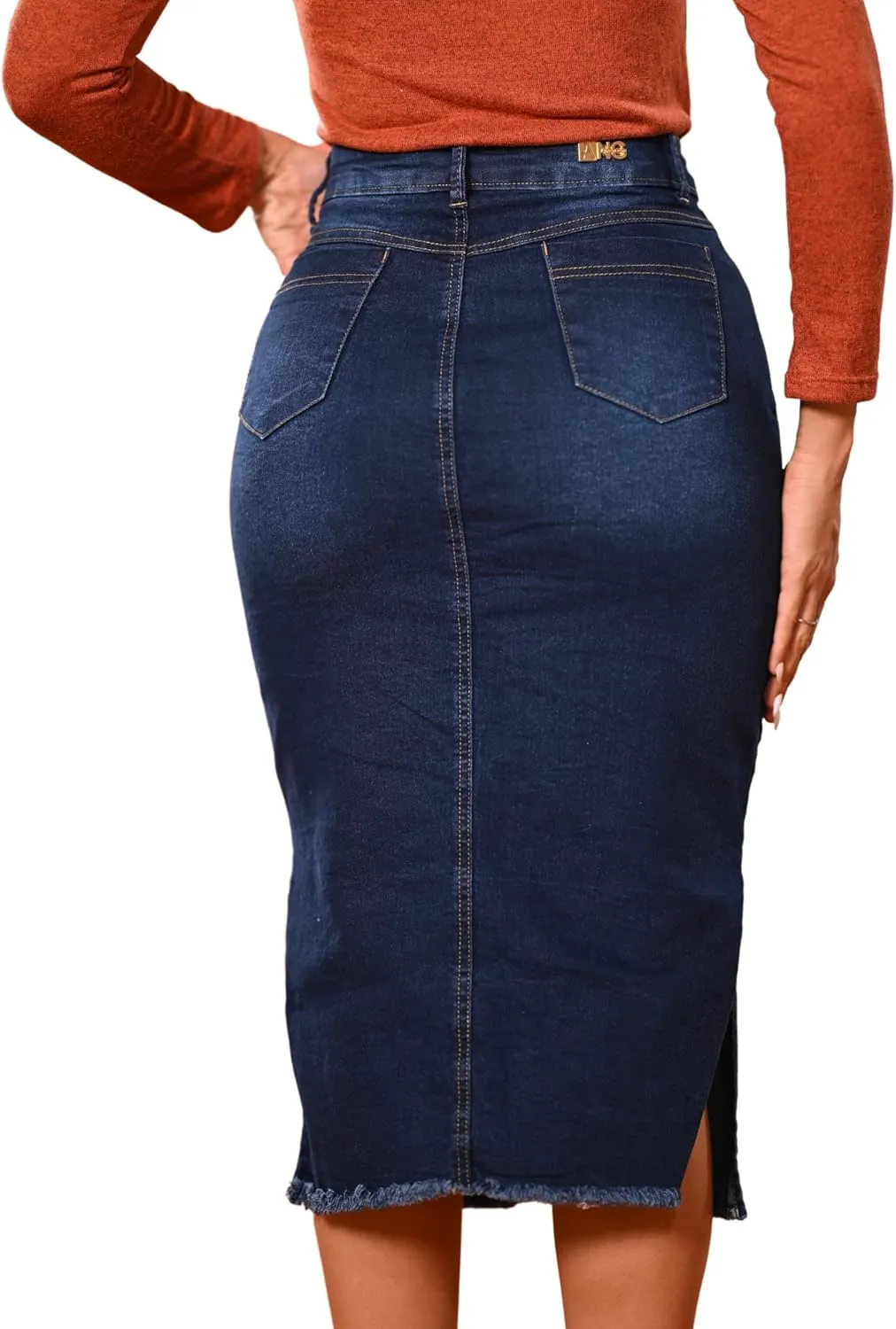 Denim Premium Stretch Skirt Midi High-Waist and Bellow The Knee with Front or Side Slit Regular and Plus Size